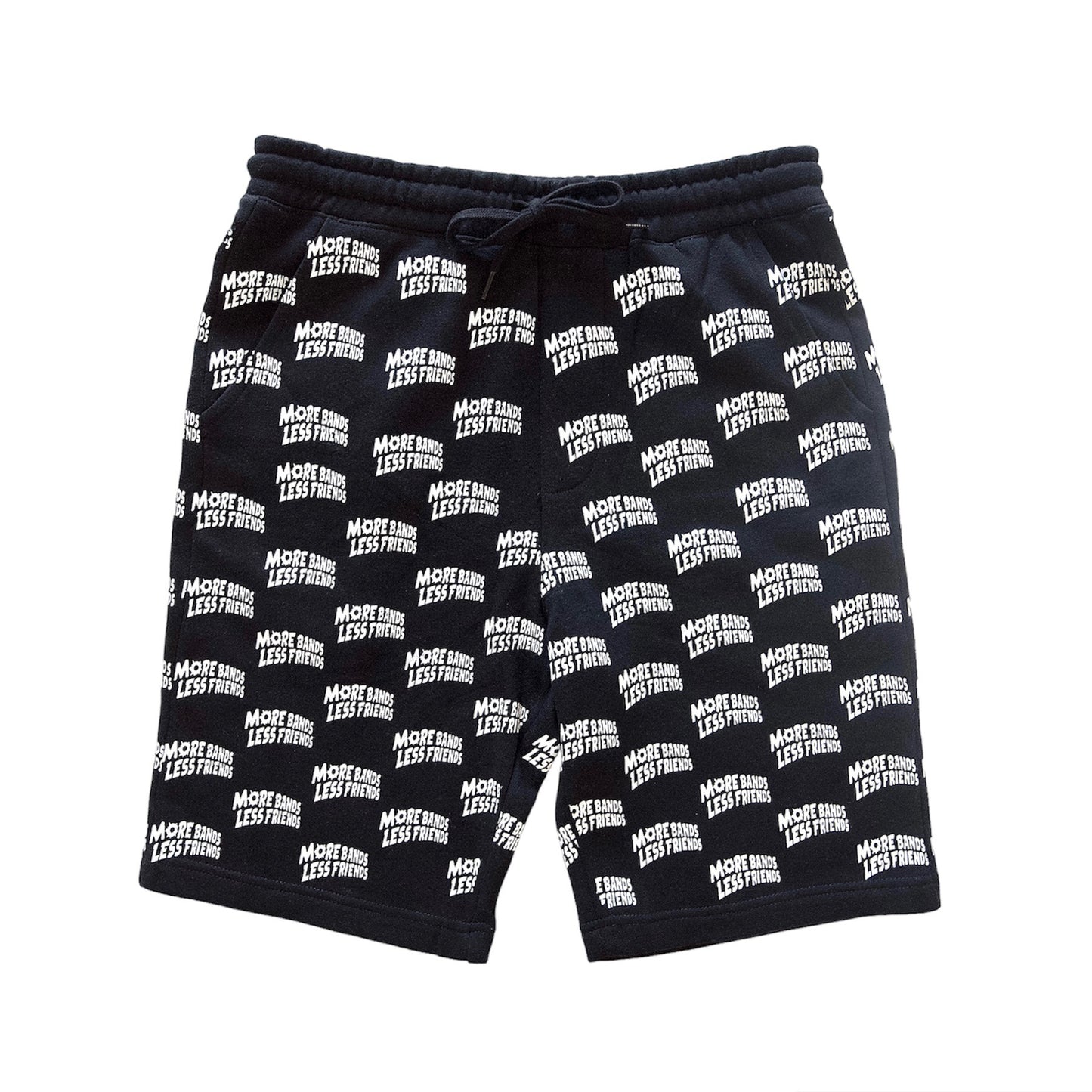 Black All-Over Print “More Bands Less Friends” Fleece Shorts
