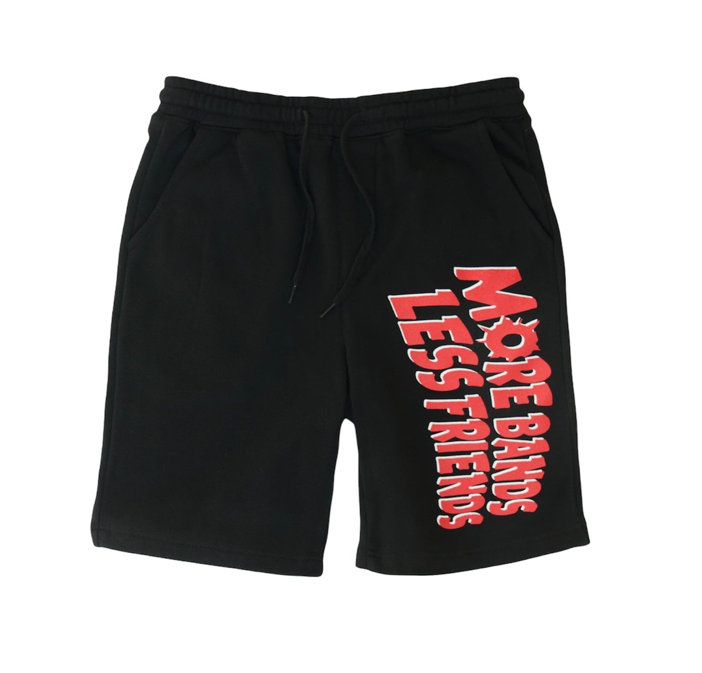 Black "Red More Bands Less Friends" Fleece Shorts